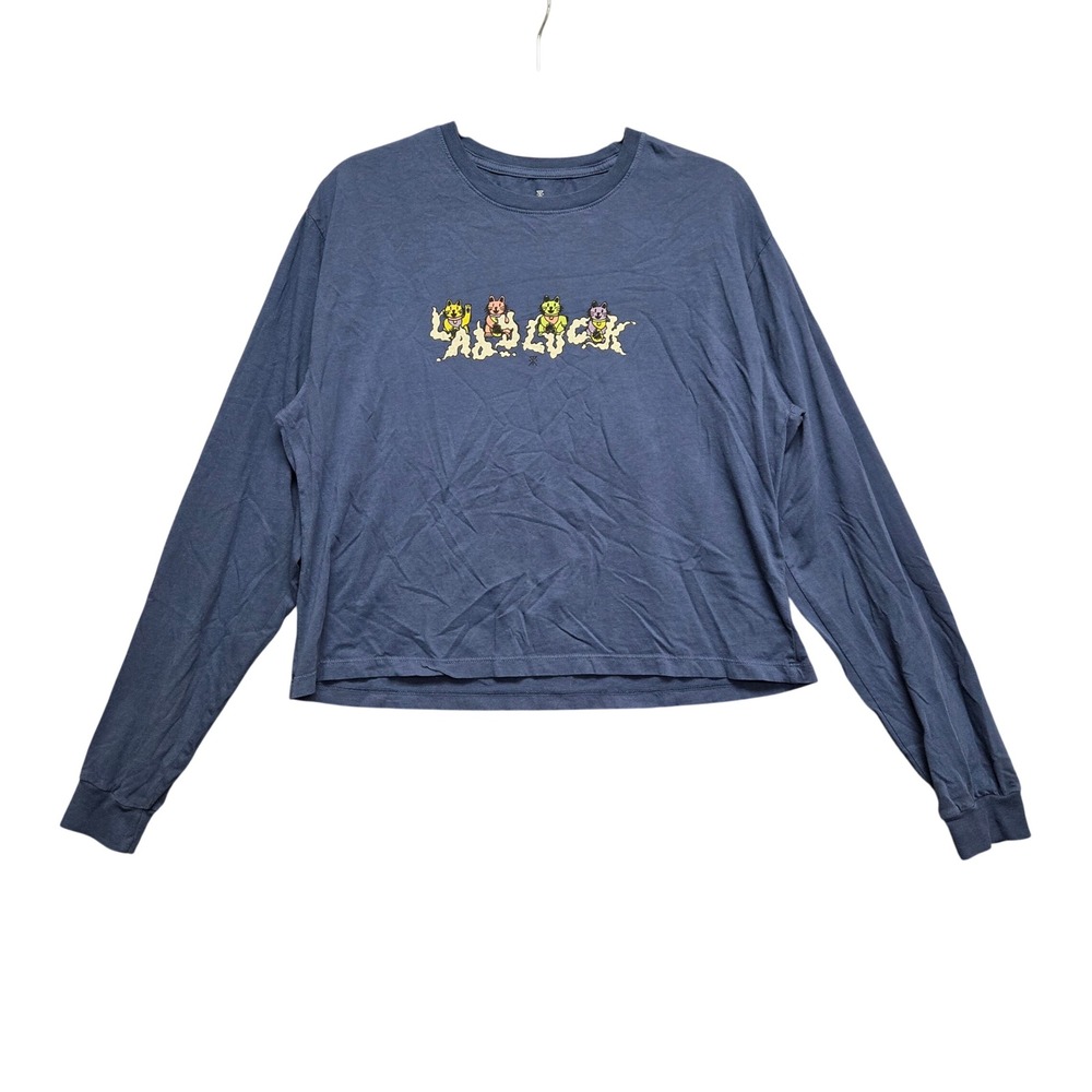 Roark Long Sleeve Graphic Tee Bad Luck‎ Cat L Blue Garment Dyed Cotton